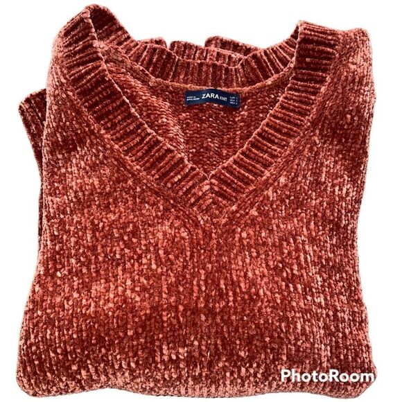 Zara Chenille Chunky Knit Oversized V-neck Cozy Pullover Sweater Rust Spiced Red - Picture 12 of 13